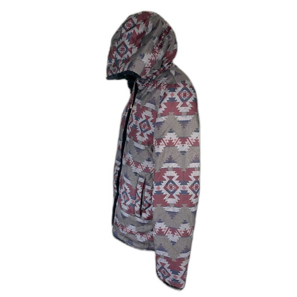 Pendleton Reversible Hooded heavy coat W/S Gray Aztec Print/black fux fur LN - Picture 4 of 16